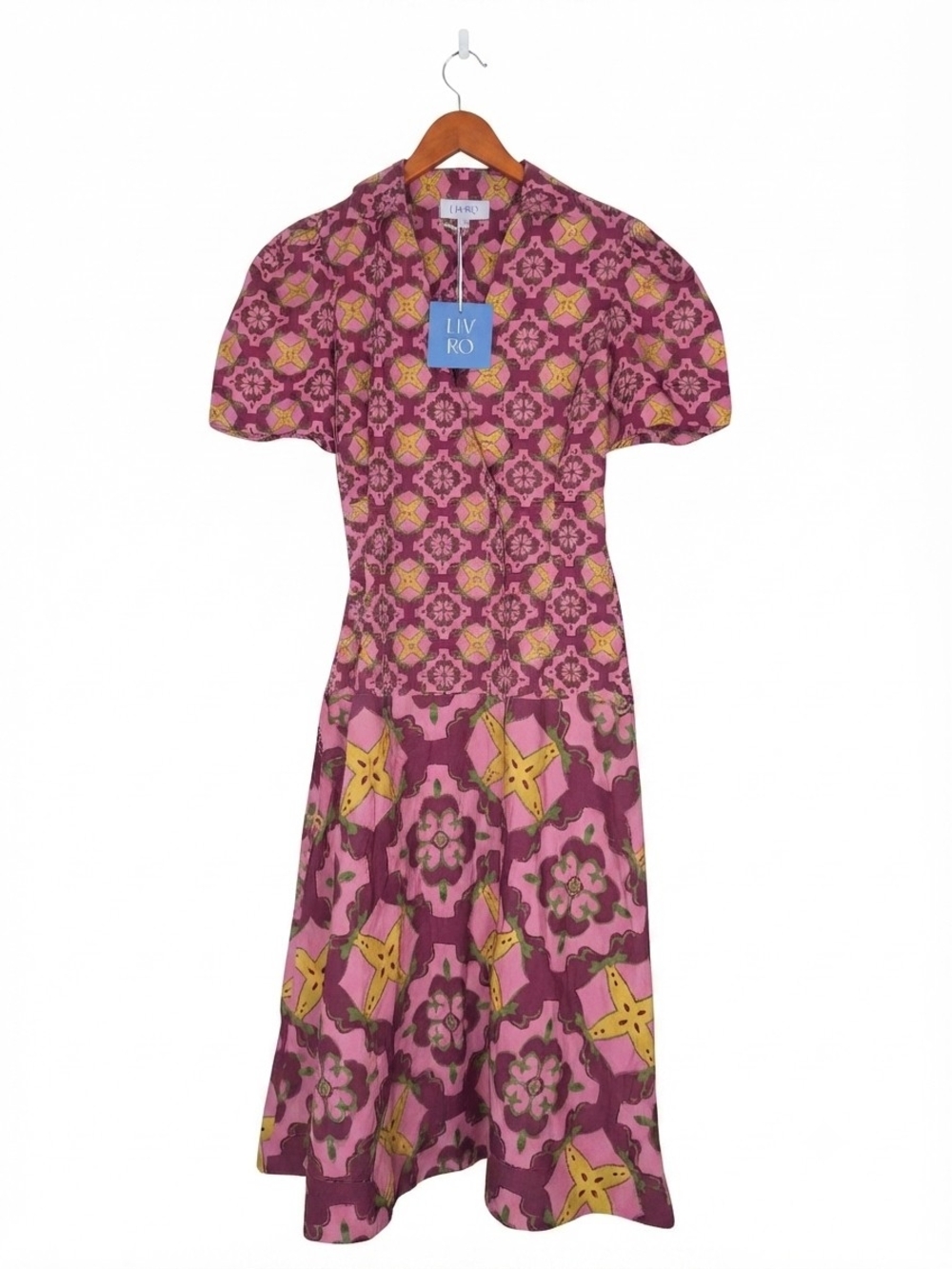NWT LIVRO Boho Geometric Floral Puff Sleeve Midi Shirt Dress
